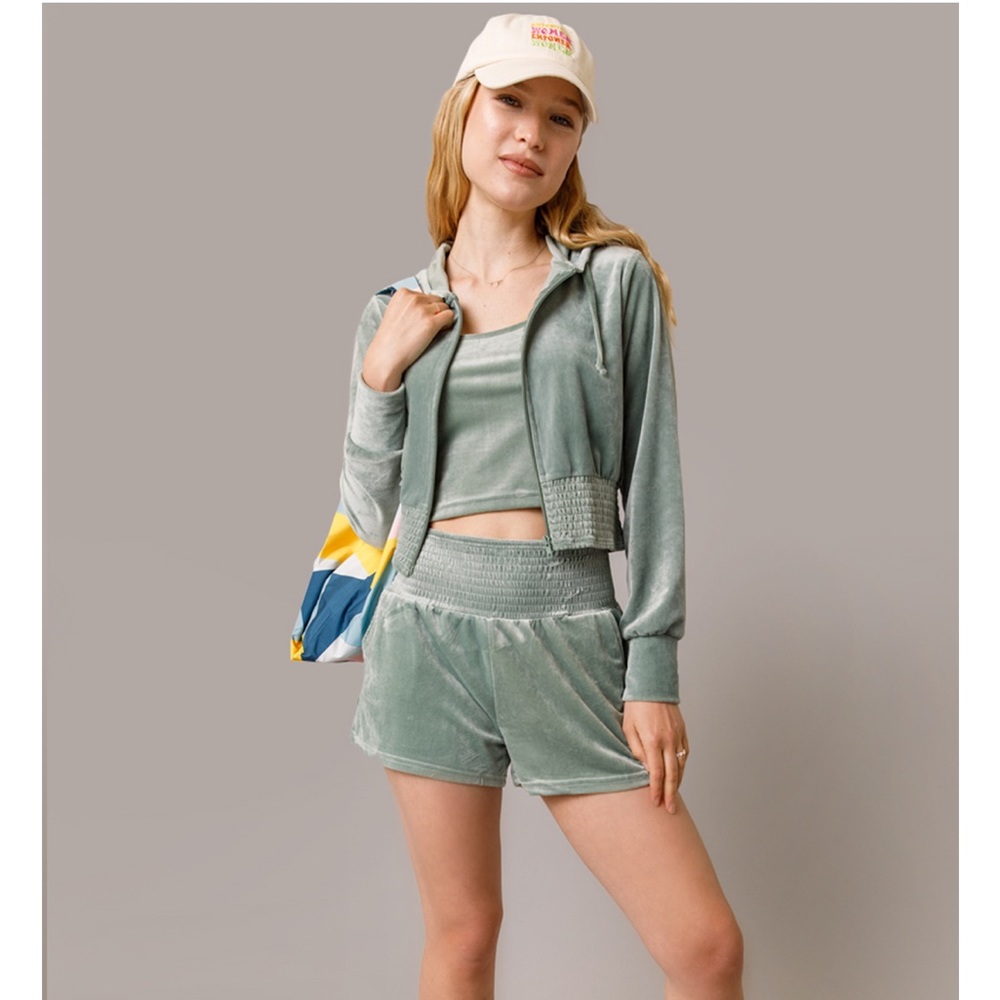 Francesca’s Mya Velour Full Zip Hoodie in Sage Green - Picture 3 of 14